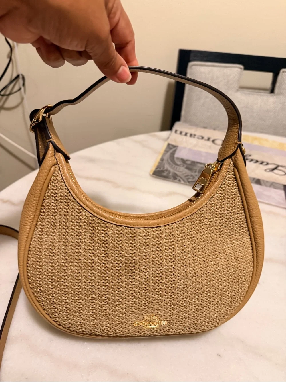 Coach Woven Crescent Hobo in Tan and Cream